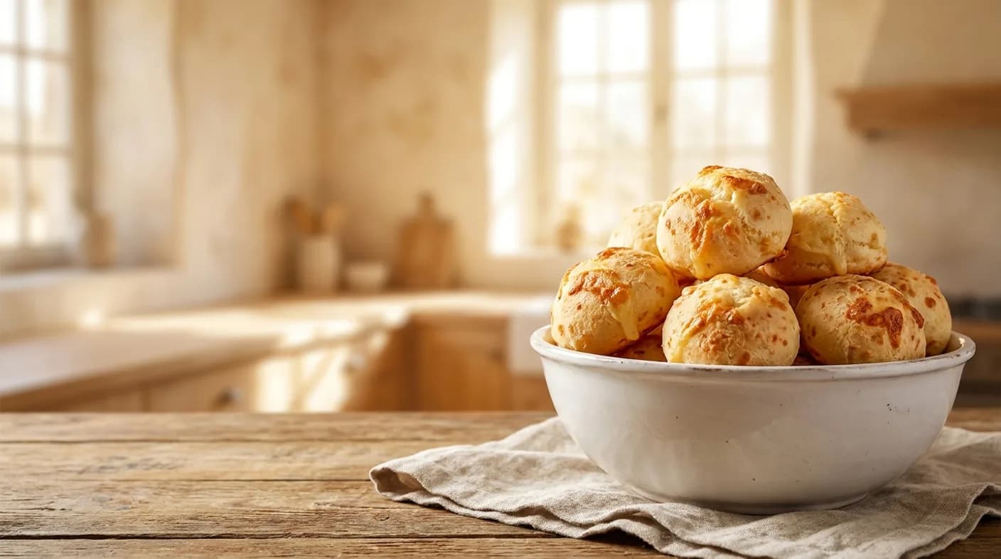 Tigela de cerâmica cheia de biscoitos de queijo dourados sobre mesa de madeira, numa cozinha clara
