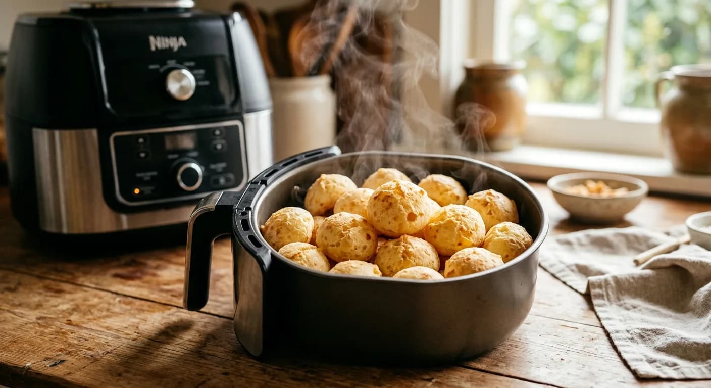 Airfryer aberta com pão de queijo dourado
